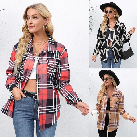 Women Casual Plaid Shacket Long Sleeve Turn Down Collar Button Up Jacket Mid Length Streetwear Shirt Coat Outerwear