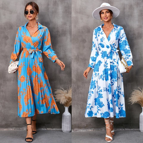 Abito Midi da Donna a Maniche Lunghe con Stampa Floreale Scollo a V Revers Cintura in Vita Orlo Pieghettato Spacco Laterale Casual Moda Vacanza