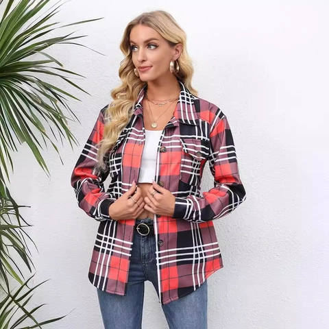 Women Casual Plaid Shacket Long Sleeve Turn Down Collar Button Up Jacket Mid Length Streetwear Shirt Coat Outerwear