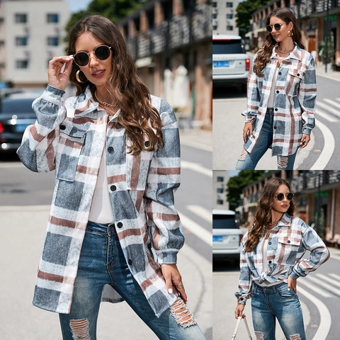 Veste Chemise Femme Casual Plaid Flanelle Manches Longues Revers Boutonné Avec Poches