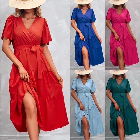 Women's V-Neck Tiered Midi Dress Short Flutter Sleeve Tie Waist Solid Color Vacation Summer Casual Layered Skirt Dress