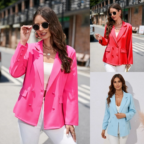 Dames Casual Double-Breasted Blazer Jas Revers Lange Mouw Effen Kleur Slim Fit Kantoor Woon-Werkverkeer Jas Bovenkleding