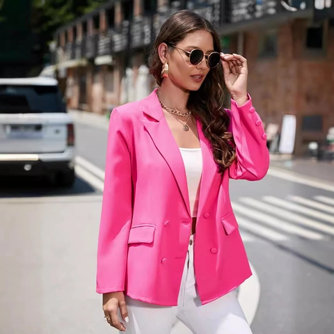 Dames Casual Double-Breasted Blazer Jas Revers Lange Mouw Effen Kleur Slim Fit Kantoor Woon-Werkverkeer Jas Bovenkleding