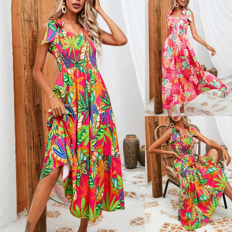 Damen Tropisch Blatt Druck Smok Maxikleid Boho Verstellbare Träger Gestufter Saum Sommer Strand Urlaub Langes Kleid