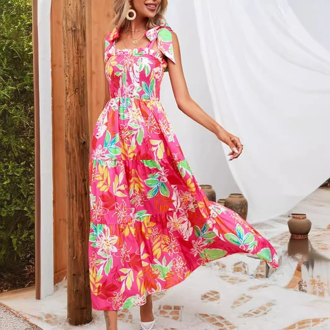 Damen Tropisch Blatt Druck Smok Maxikleid Boho Verstellbare Träger Gestufter Saum Sommer Strand Urlaub Langes Kleid