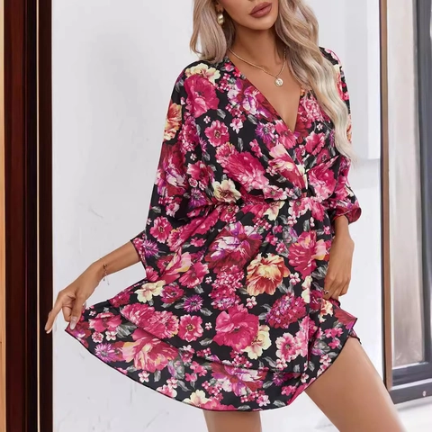 Robe d'Été pour Femme à Imprimé Floral Col en V Style Bohême Ourlet à Volants Manches Évasées Robe Courte Décontractée Plage Vacances