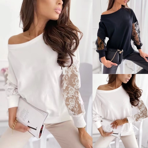 Damen Casual Schulterfrei Spitze Patchwork Langarm T-Shirt Einfarbig Locker Pullover Top Streetwear Mode Kleidung