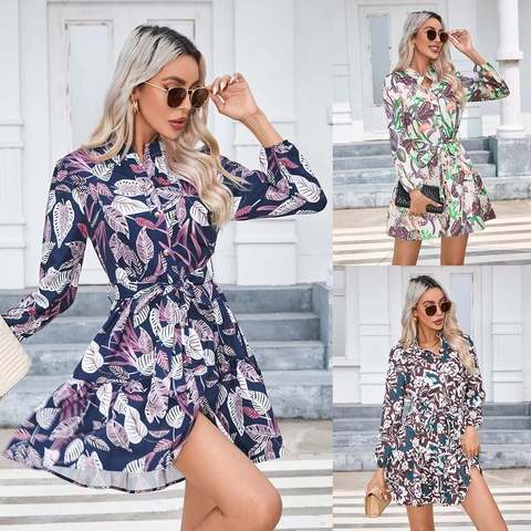 Abito da Donna Casual a Camicia a Maniche Lunghe con Stampa Floreale Scollo a V con Cintura Orlo con Volant Stile Vacanza