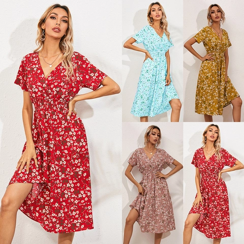 Women's V Neck Short Sleeve Floral Dress Summer Smocked Waist Midi Dress Tropical Leaf Patchwork Vacation Beach Dress