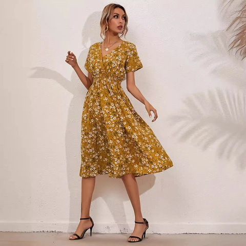 Women's V Neck Short Sleeve Floral Dress Summer Smocked Waist Midi Dress Tropical Leaf Patchwork Vacation Beach Dress