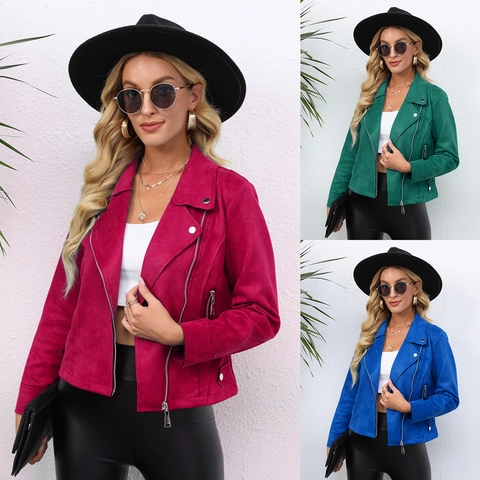 Damen Wildlederimitat Biker Jacke Revers Reißverschluss Kurz Motorradmantel Einfarbig Langarm Slim Fit Herbst Winter Kleidung