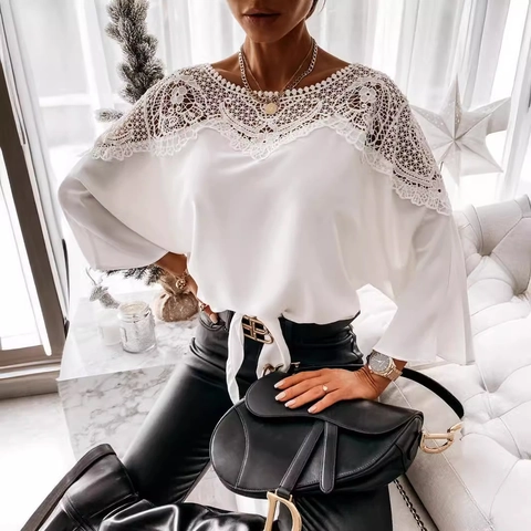 Chemisier Élégant pour Femmes avec Patchwork en Dentelle Col Rond Manches Longues Couleur Unie Top avec Lacet à la Taille