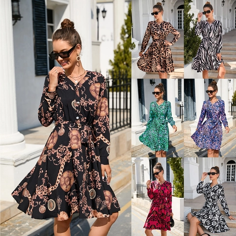 Women's Baroque Leopard Zebra Print Long Sleeve V Neck Button Front Midi Dress With Adjustable Belt Casual Party Fashion