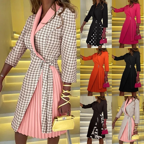 Fashion Women Notched Lapel Pleated Midi Dress With Waist Tie Metal Buckle Elegant Short Sleeve Office Party Spliced Dress