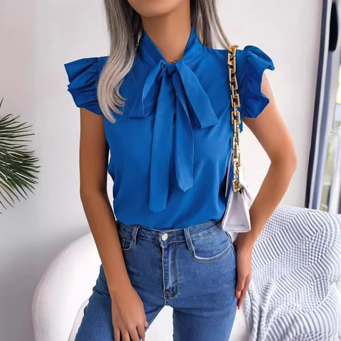 Camicetta Elegante da Donna in Chiffon di Poliestere con Maniche a Volant e Fiocco Tinta Unita Top Casual da Ufficio