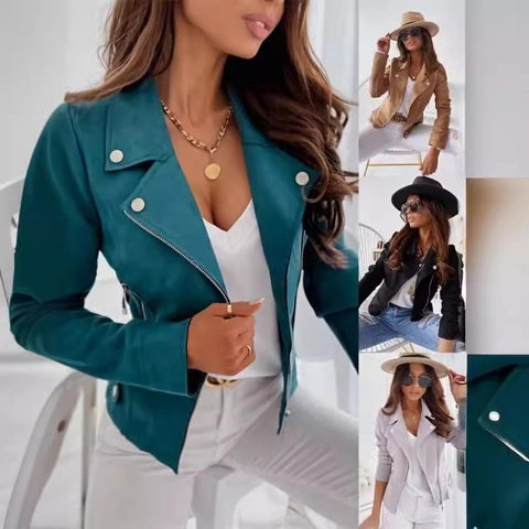 Women Casual Suede Biker Jacket Lapel Collar Zipper Front Moto Coat Slim Fit Long Sleeve Streetwear Fashion Outerwear