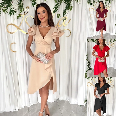 Women Sexy V Neck Ruffle Sleeve Bodycon Midi Dress Elegant Asymmetrical Split Hem Party Banquet Evening Solid Polyester Dress