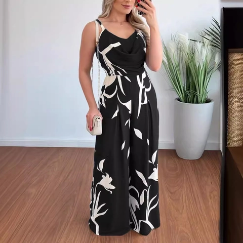 Damen Casual Ärmelloser Jumpsuit Blumenmuster Weites Bein Hose Sommer V-Ausschnitt Rückenfrei Mode Einteiler