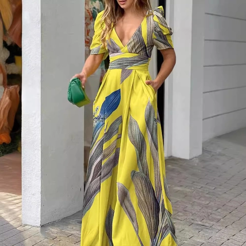 Women's V-Neck Printed Jumpsuit Wide Leg Pants Puff Short Sleeve High Waist Casual Summer Beach Vacation Romper Long Jumpsuit