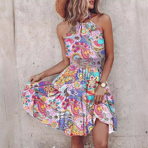 Women Sexy Halter Neck Floral Paisley Print Sleeveless Backless Ruffle Hem Boho A-Line Summer Vacation Mini Dress