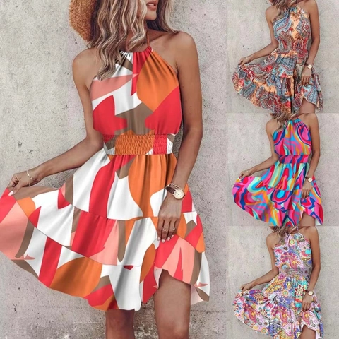 Women Sexy Halter Neck Floral Paisley Print Sleeveless Backless Ruffle Hem Boho A-Line Summer Vacation Mini Dress