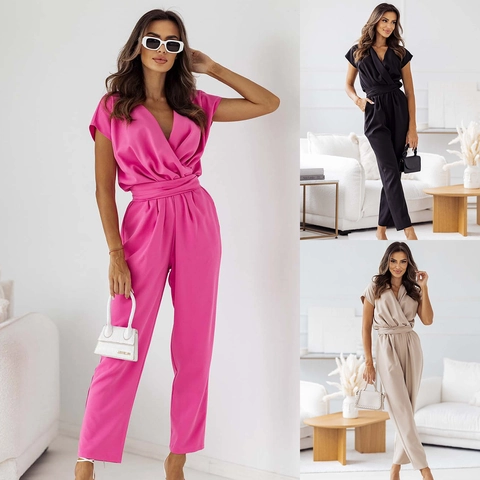 Women's Elegant V Neck Short Sleeve Jumpsuit Solid Color High Waist Tie Belt Straight Leg One Piece Romper Formal Pantsuit