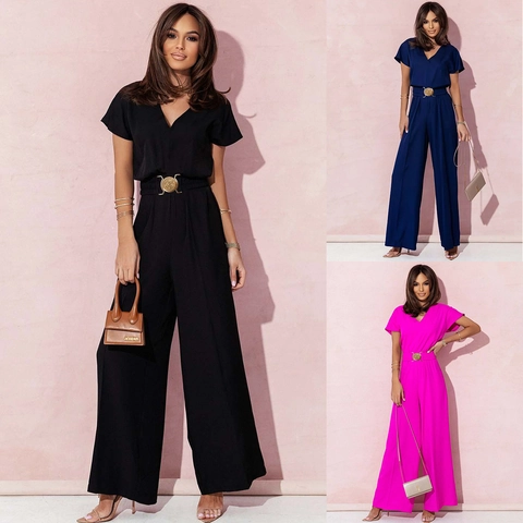 Tuta da Donna Casual con Scollo a V Manica Corta Vita Alta Gamba Larga con Cintura con Fibbia Rotonda Poliestere Moda