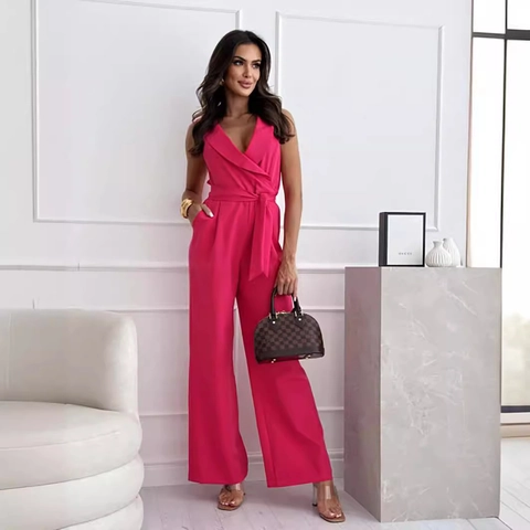 Tuta da Donna Casual Senza Maniche Scollo a V Tinta Unita Vita Alta Gamba Larga Tuta Con Cintura Moda Ufficio Streetwear Tuta