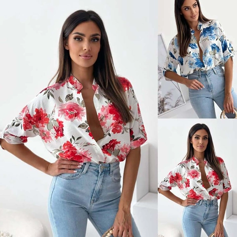 Women's Casual Floral Print Polyester Blouse Single Breasted Lapel Half Sleeve Loose Top For Vacation Streetwear