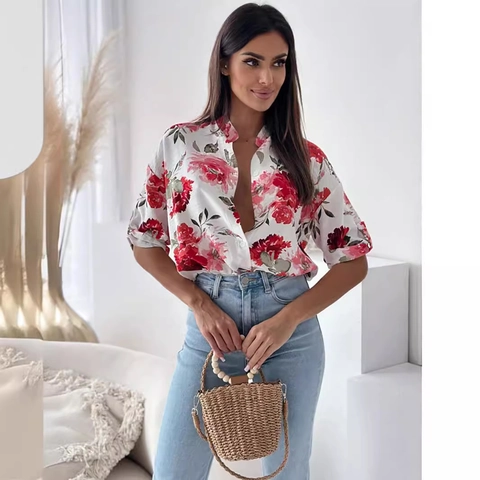 Women's Casual Floral Print Polyester Blouse Single Breasted Lapel Half Sleeve Loose Top For Vacation Streetwear
