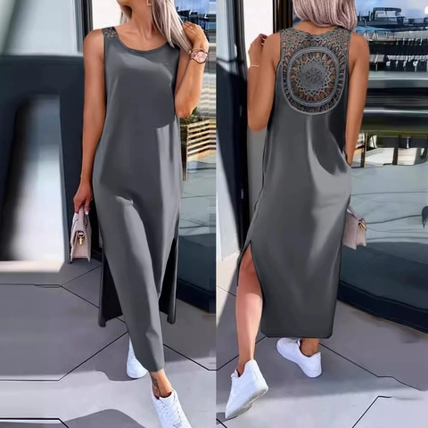 Women's Sleeveless Backless Hollow Out Crochet Maxi Dress Casual Side Slit Round Neck Solid Color Boho Party Long Dresses