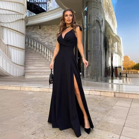 Elegantes Damen Sexy Tiefer V-Ausschnitt Ärmelloses Maxikleid Hoher Schlitz Einfarbig Schulterschleife Abendparty Formelles Kleid