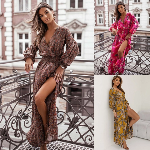 Damen Vintage Blumen Druck V Ausschnitt Maxi Kleid Sexy Hoher Schlitz Langarm Laternenärmel Bohemian Tailliert Party Kleid