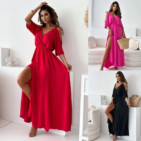 Damen Sexy V-Ausschnitt Schulterfrei Maxi Kleid Einfarbig Leopard Muster Hoher Schlitz Lose Sommer Urlaub Langes Kleid Strand Party