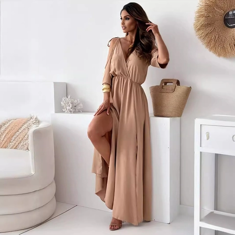 Damen Sexy V-Ausschnitt Schulterfrei Maxi Kleid Einfarbig Leopard Muster Hoher Schlitz Lose Sommer Urlaub Langes Kleid Strand Party