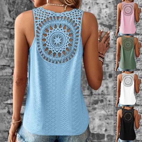 Women's Hollow Out Eyelet Crochet V Neck Sleeveless Tank Top Summer Solid Color Boho Mandala Lace Back Vest Top