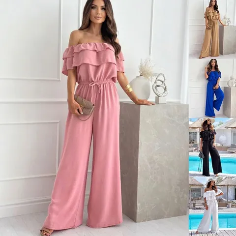 Damen Off-Shoulder Rüschen Jumpsuit Weites Bein Kurzarm Romper Hohe Taille Kordelzug Einfarbig Elegant Sommer Outfit