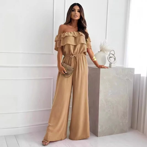 Damen Off-Shoulder Rüschen Jumpsuit Weites Bein Kurzarm Romper Hohe Taille Kordelzug Einfarbig Elegant Sommer Outfit