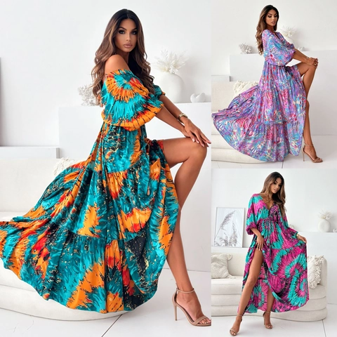 Women Bohemian V Neck Lantern Sleeve Maxi Dress Abstract Print High Slit Backless Tiered Beach Vacation Long Dress