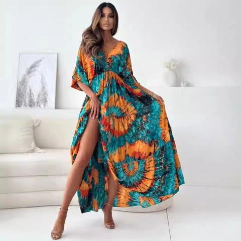 Women Bohemian V Neck Lantern Sleeve Maxi Dress Abstract Print High Slit Backless Tiered Beach Vacation Long Dress