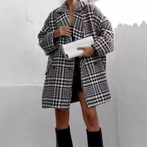 Cappotto Donna Pied-de-poule Casual Lungo Ampio Revers Manica Lunga Monopetto Capispalla Autunno Inverno