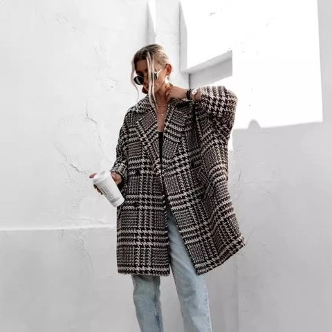 Cappotto Donna Pied-de-poule Casual Lungo Ampio Revers Manica Lunga Monopetto Capispalla Autunno Inverno