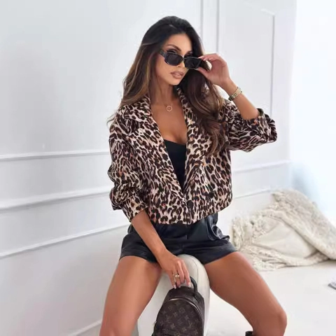Damen Mode Leopard Muster Kurze Blazer Jacke Langarm Revers Ein Knopf Casual Oberbekleidung Herbst Winter Top