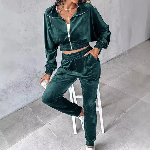 Dames Casual Gouden Fluweel Trainingspak Effen Kleur Lange Mouw Rits Crop Top En Hoge Taille Joggingbroek