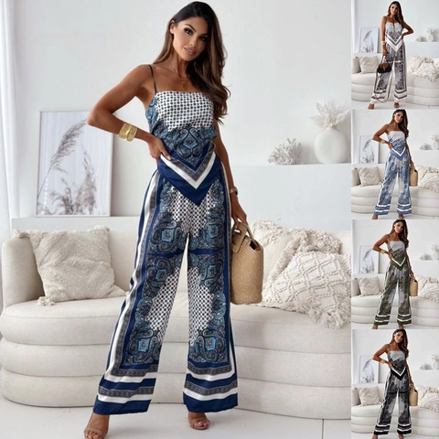Women Bohemian Paisley Printed Top And Bottom Set Sleeveless Bandeau Crop Top With Wide Leg Pants Summer Beach Holiday Outfit