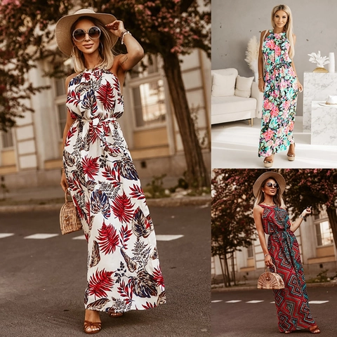 Damen Neckholder Maxi Kleid Floral Geometrischer Druck Ärmellos A-Linie Rückenfrei Boho Urlaub Strand Party Sommer Lang Kleid