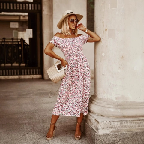 Women Off Shoulder Floral Smocked Midi Dress Summer Short Puff Sleeve Boho Vacation Style A-Line Sundress