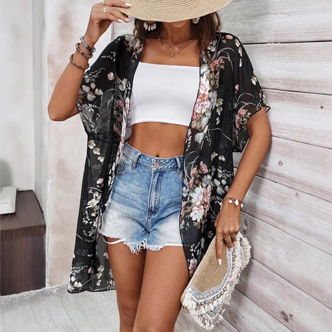 Donna Kimono Cardigan in Chiffon con Stampa Floreale Nero Morbido Trasparente Copricostume Mare Boho Blusa Aperta Davanti