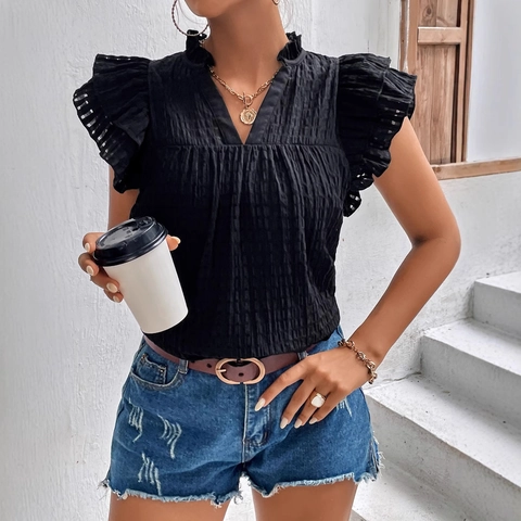 Dames Casual V-hals Rimpel Mouw Getextureerd T-Shirt Zomer Effen Kleur Elegante Korte Mouw Blouse Top Voor Dames
