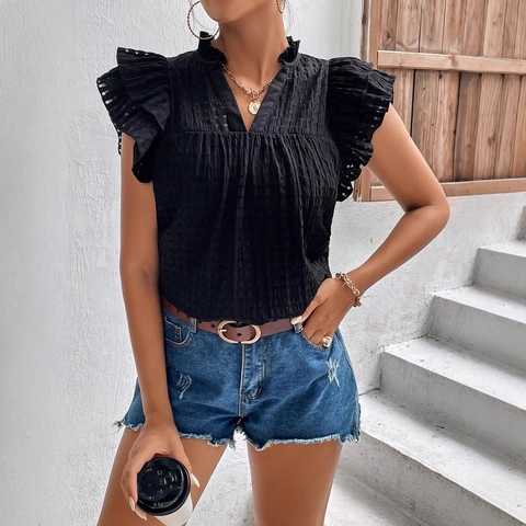 Dames Casual V-hals Rimpel Mouw Getextureerd T-Shirt Zomer Effen Kleur Elegante Korte Mouw Blouse Top Voor Dames